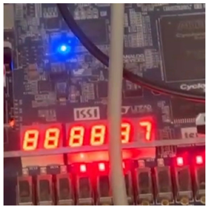 DE1-SoC board with the predicted digit 7 shown on the seven-segment HEX display